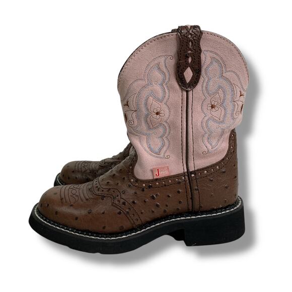 Justin Gypsy Cowboy Boots Leather Style L9935 Ostrich Print Pink Brown Size 7B - Picture 3 of 8